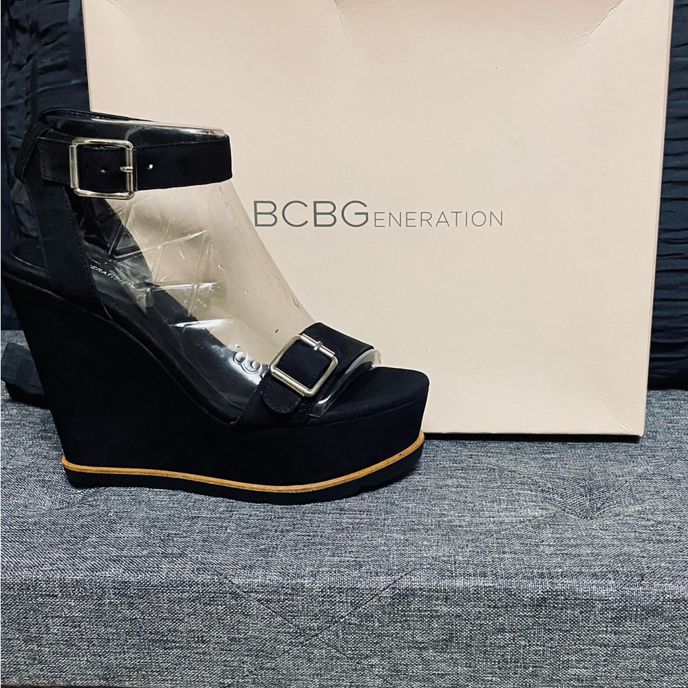 NWT BCBGeneration Black Suede Wedge Sandals